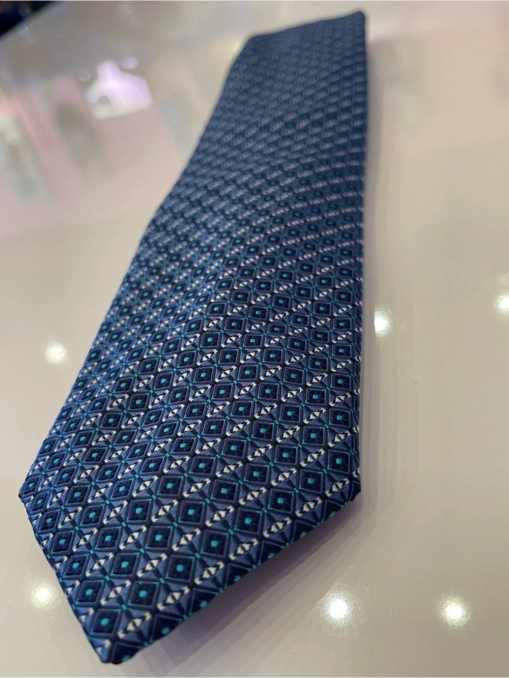 NWT Brioni Silk Tie Handmade in Italy Blue Geometric Pattern Luxury